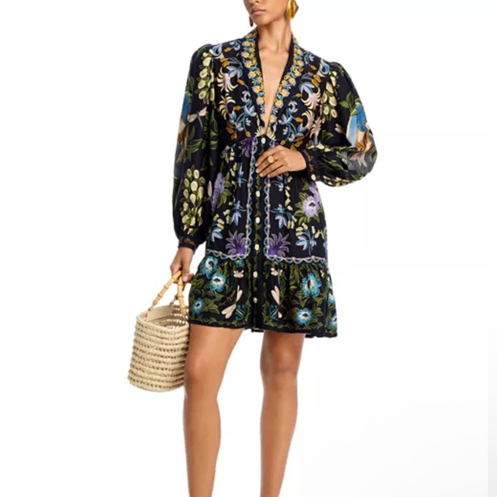 FARM Rio Black Floral Embroidered Mini Dress with Blue & Green Accents